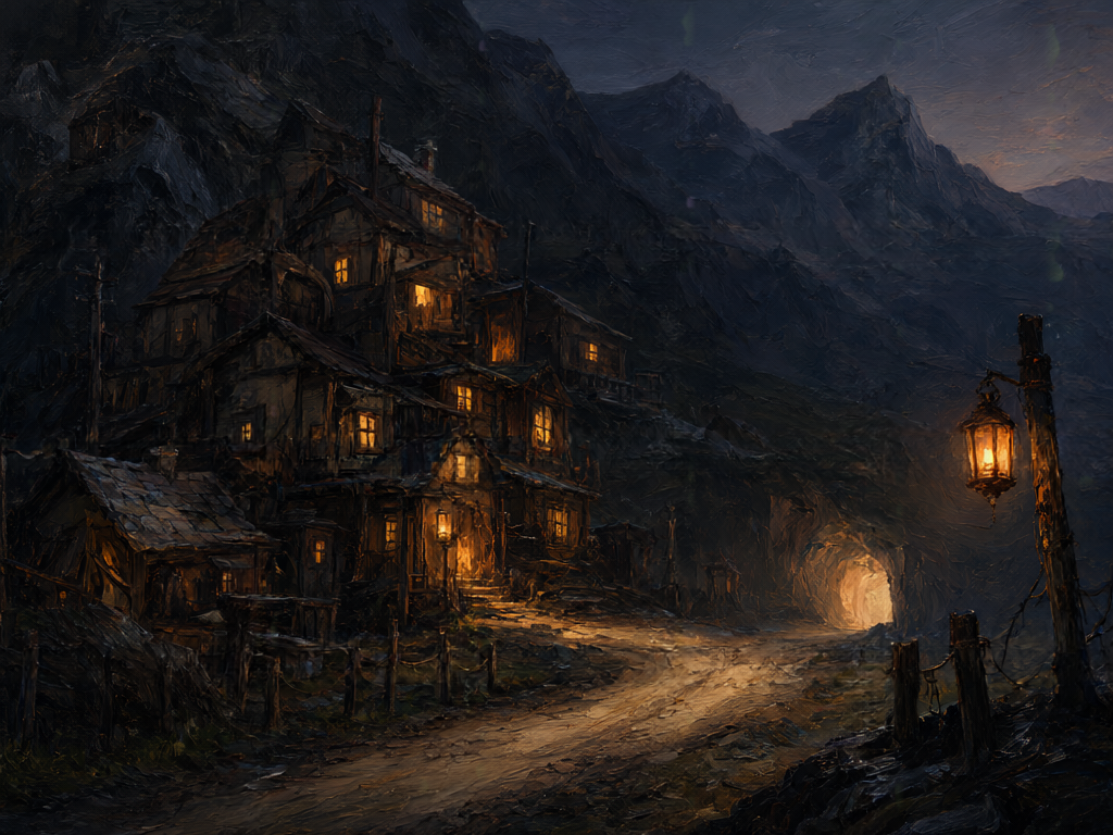 Cover art: a lantern-lit mining town built into a dark hillside.