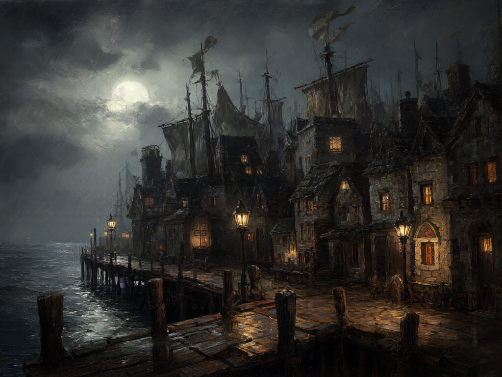 Cover art: a storm-grey harbour town under torn sails and a low moon.