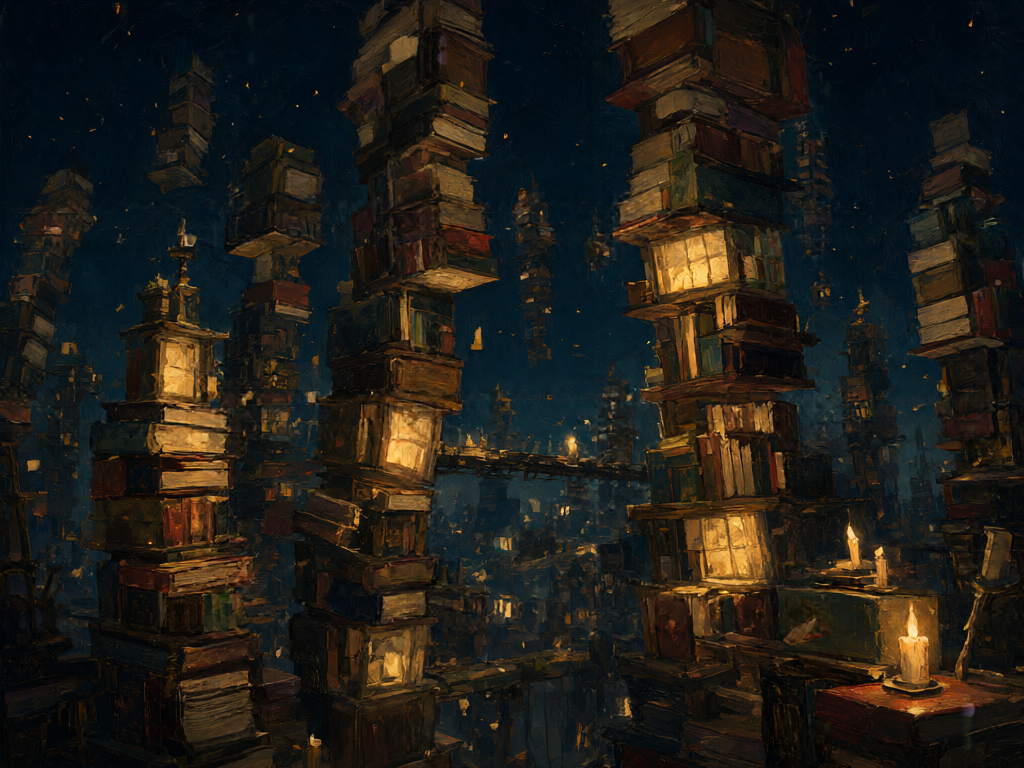 Cover art: candlelit library towers stacked with glowing books.