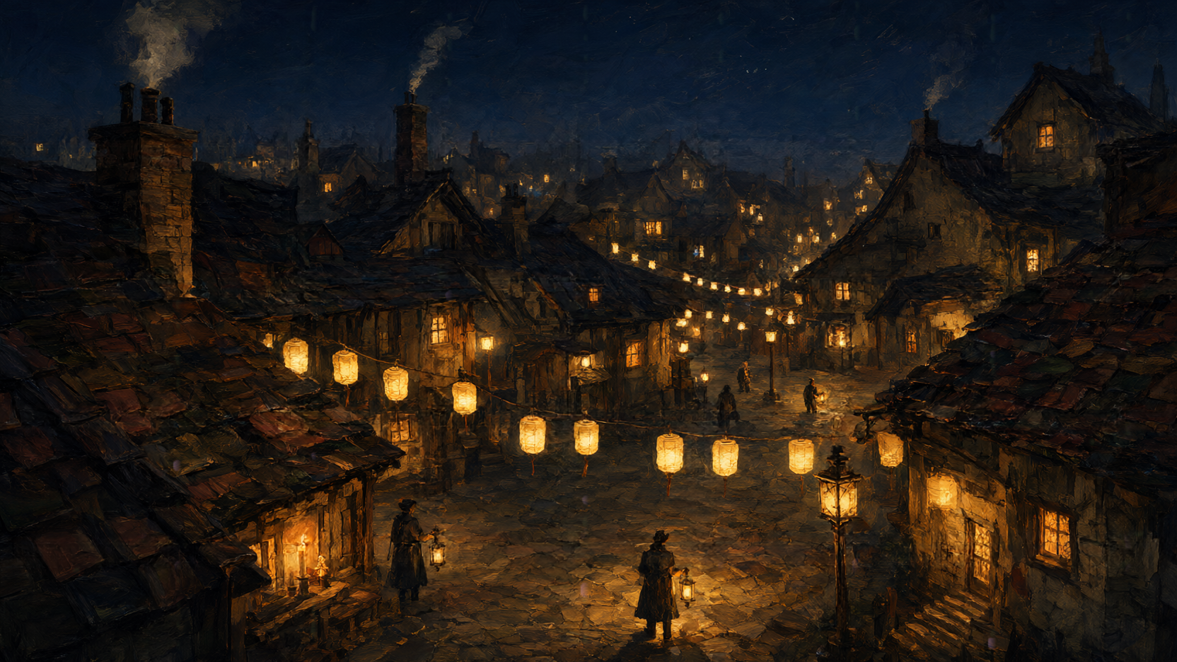 A lantern-lit town at dusk: crooked rooftops, glowing windows, warm smoke drifting over a cobbled square.