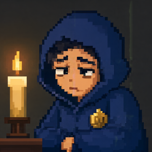 Pixel-art portrait of Maren: a tired watchwoman with kind eyes and a wool hood.