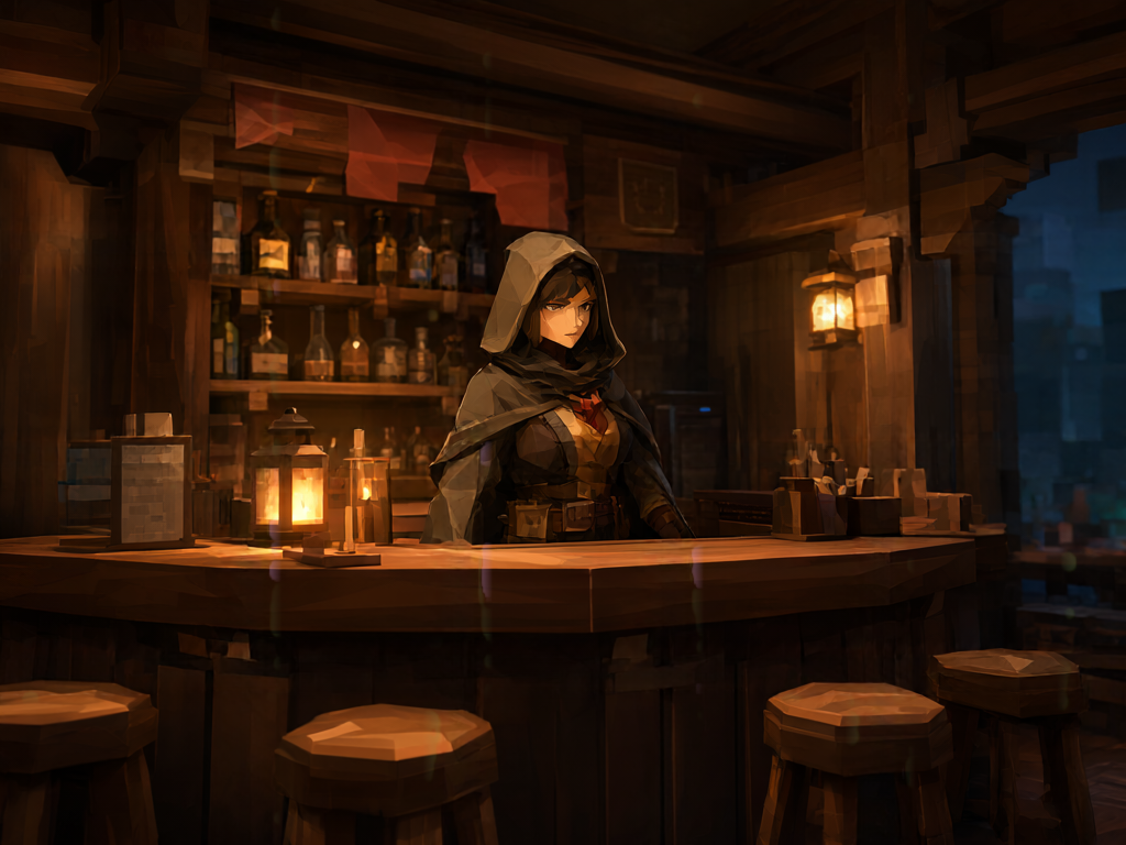 The same tavern scene shown in 3D: a blocky lantern-lit interior with Maren behind the bar.