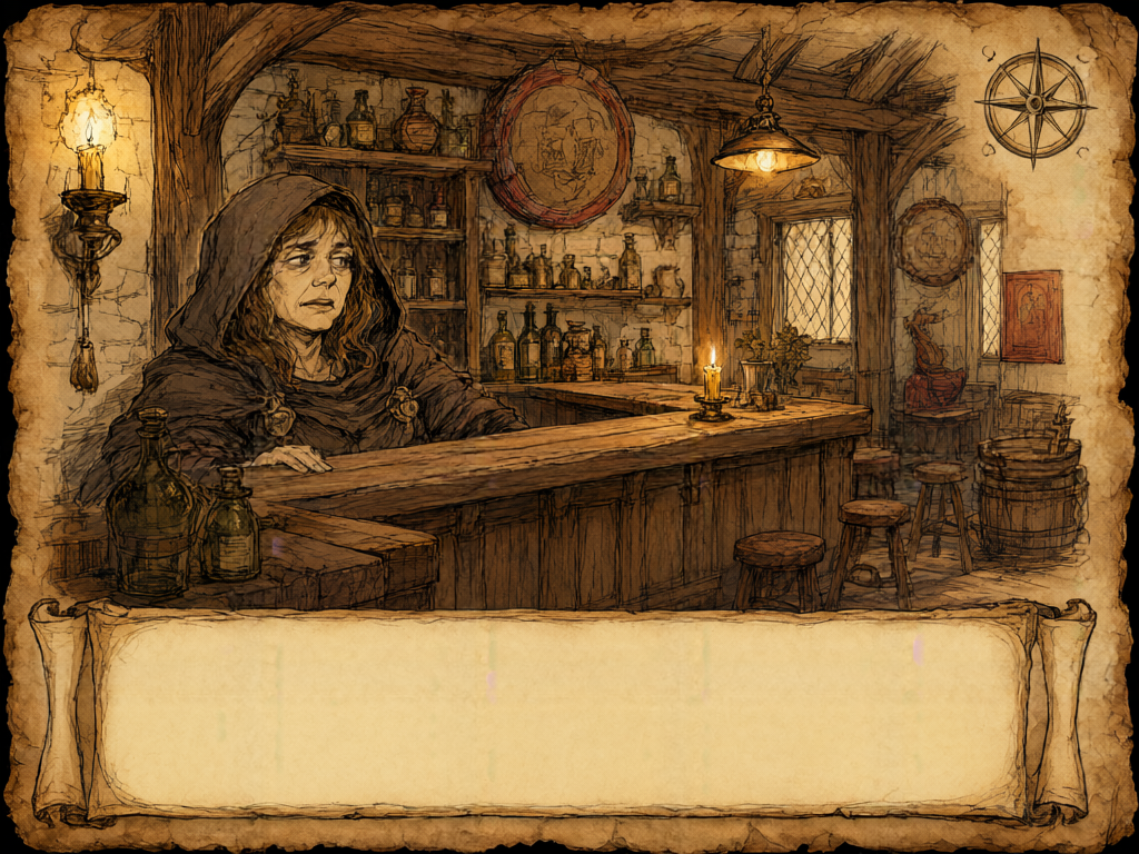 The same tavern scene shown in the web view: ink-and-parchment illustration of Maren behind a bar.